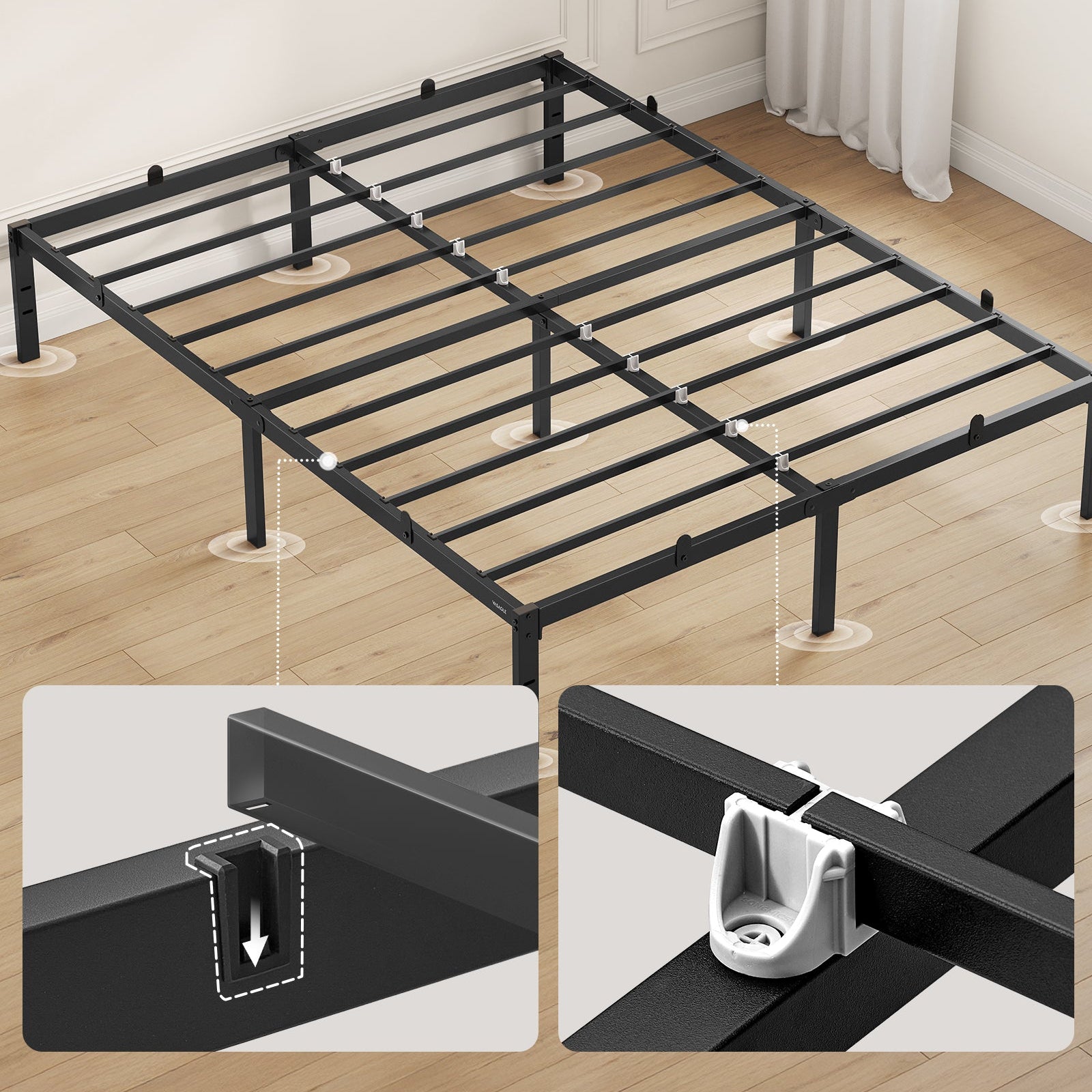 Cadre de lit VASAGLE 140 x 190 cm avec sommier métallique, structure en métal, espace de rangement en dessous, style moderne, lit d'appoint, montage facile, noir encre ZenPur