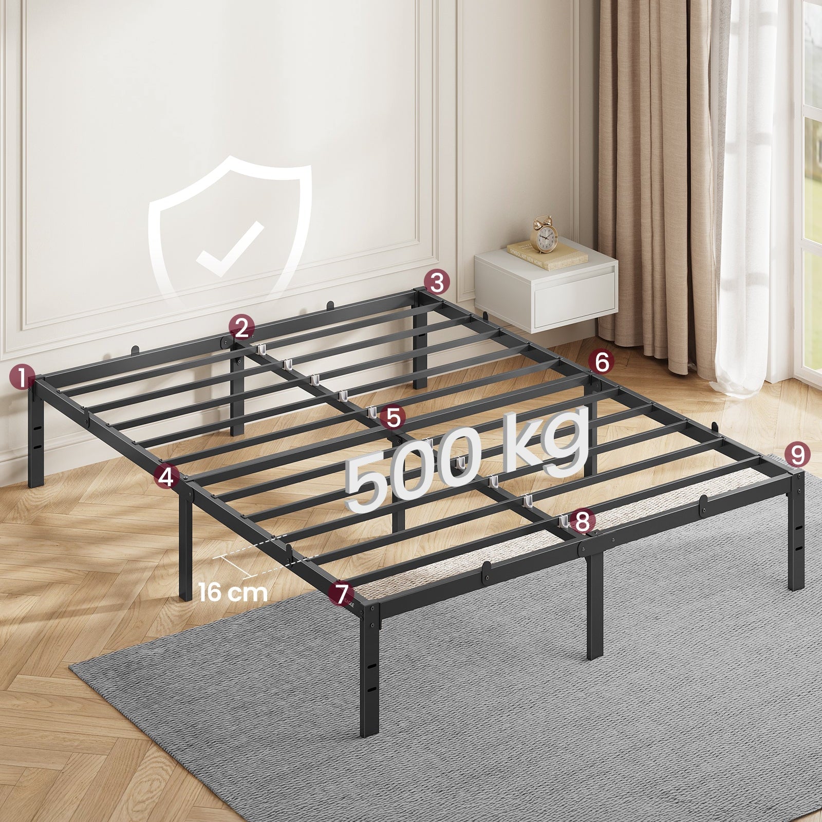 Cadre de lit VASAGLE 140 x 190 cm avec sommier métallique, structure en métal, espace de rangement en dessous, style moderne, lit d'appoint, montage facile, noir encre ZenPur