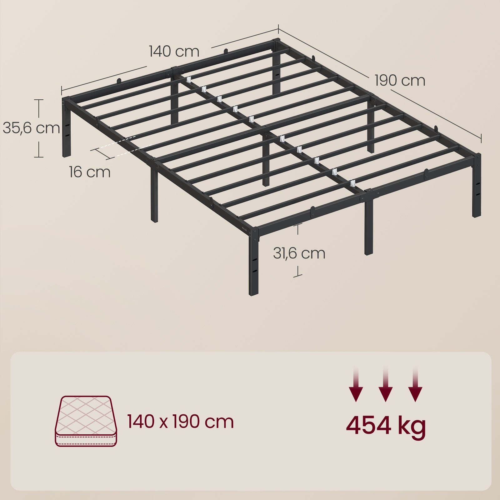 Cadre de lit VASAGLE 140 x 190 cm avec sommier métallique, structure en métal, espace de rangement en dessous, style moderne, lit d'appoint, montage facile, noir encre ZenPur