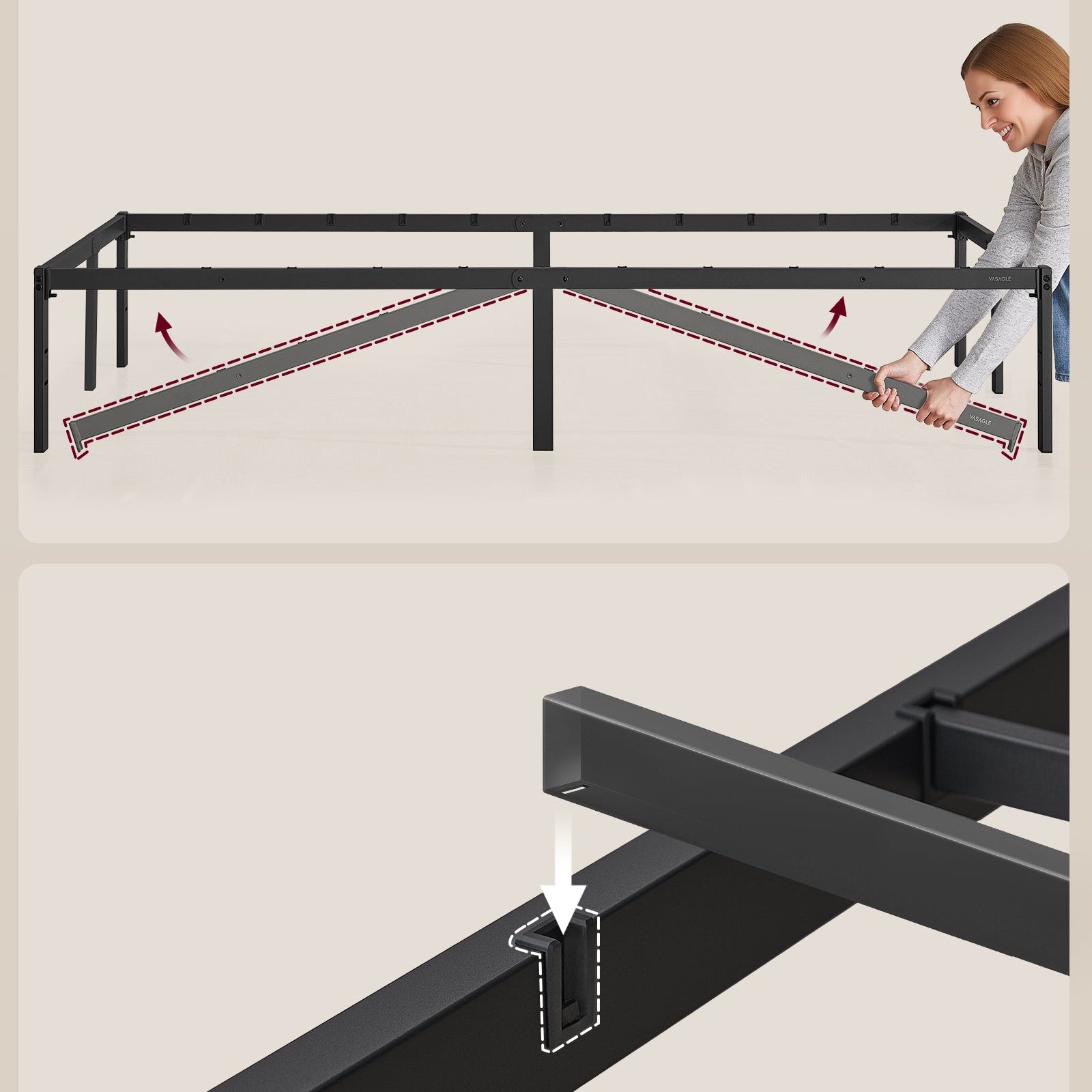 Cadre de lit VASAGLE 140 x 190 cm avec sommier métallique, structure en métal, espace de rangement en dessous, style moderne, lit d'appoint, montage facile, noir encre ZenPur