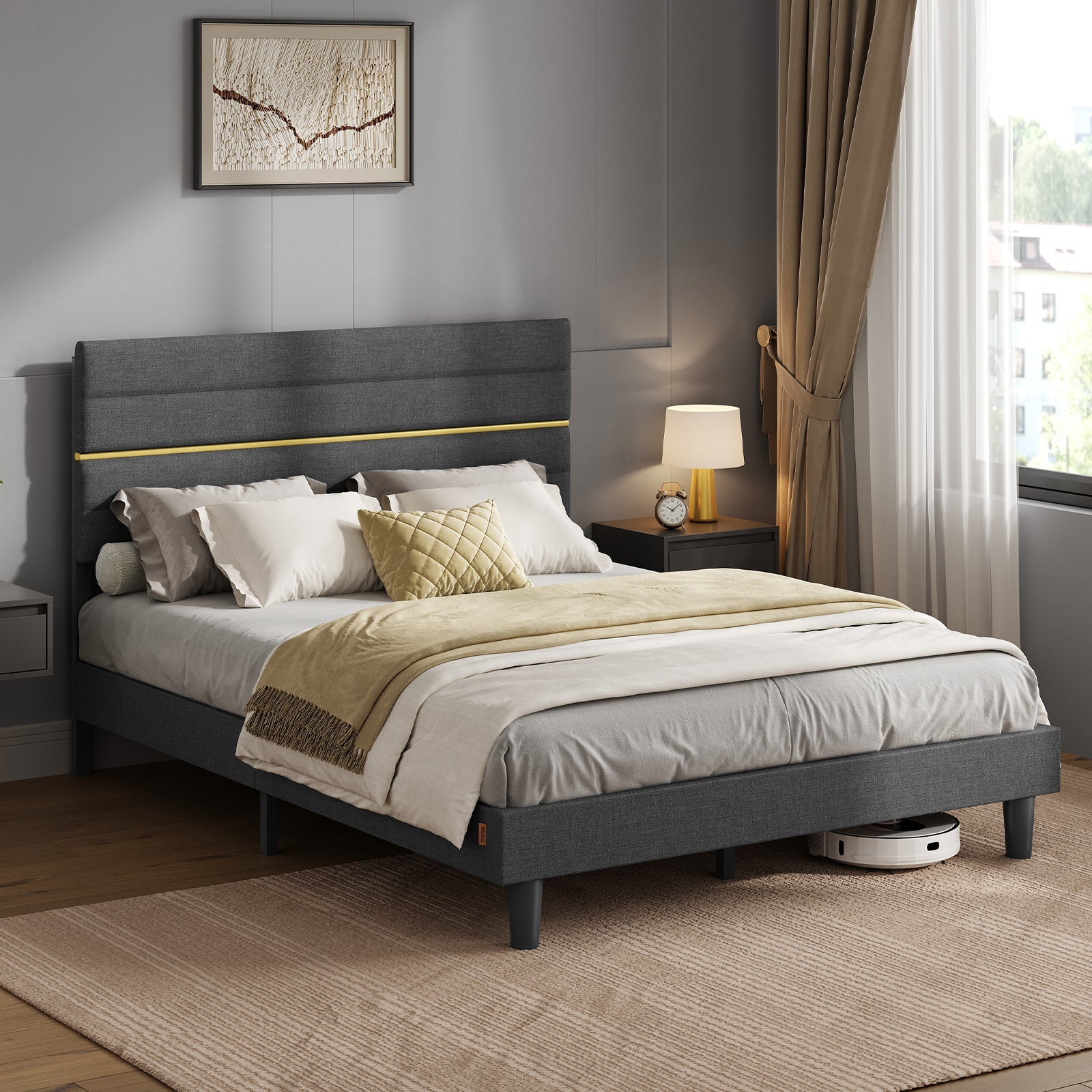 Lit double VASAGLE, cadre de lit, convient pour un matelas de 140 x 200 cm, tête de lit rembourrée réglable, en métal et bois massif, style moderne, gris ardoise ZenPur