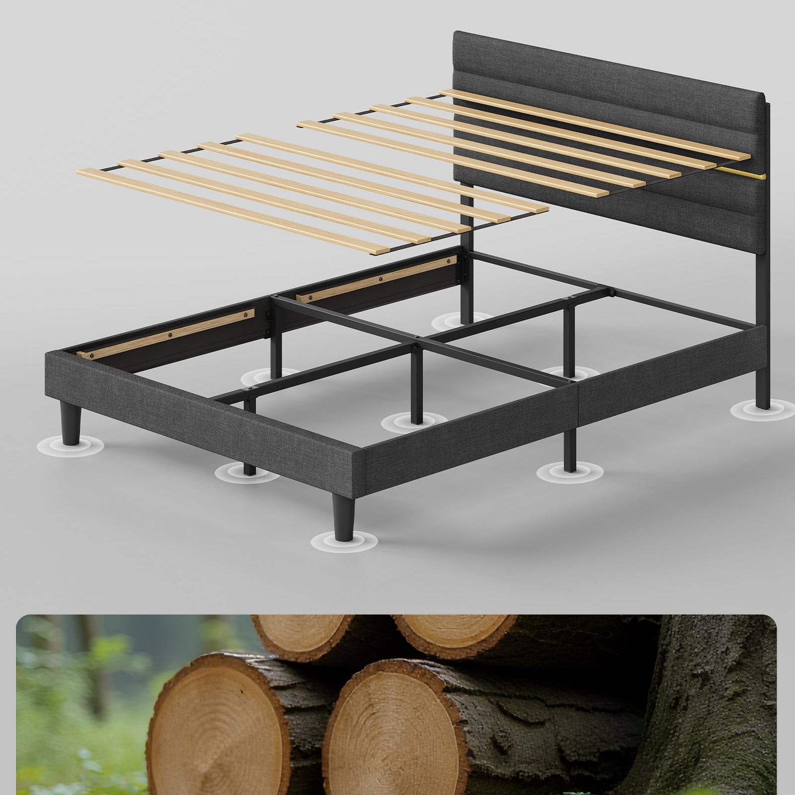 Lit double VASAGLE, cadre de lit, convient pour un matelas de 140 x 200 cm, tête de lit rembourrée réglable, en métal et bois massif, style moderne, gris ardoise ZenPur