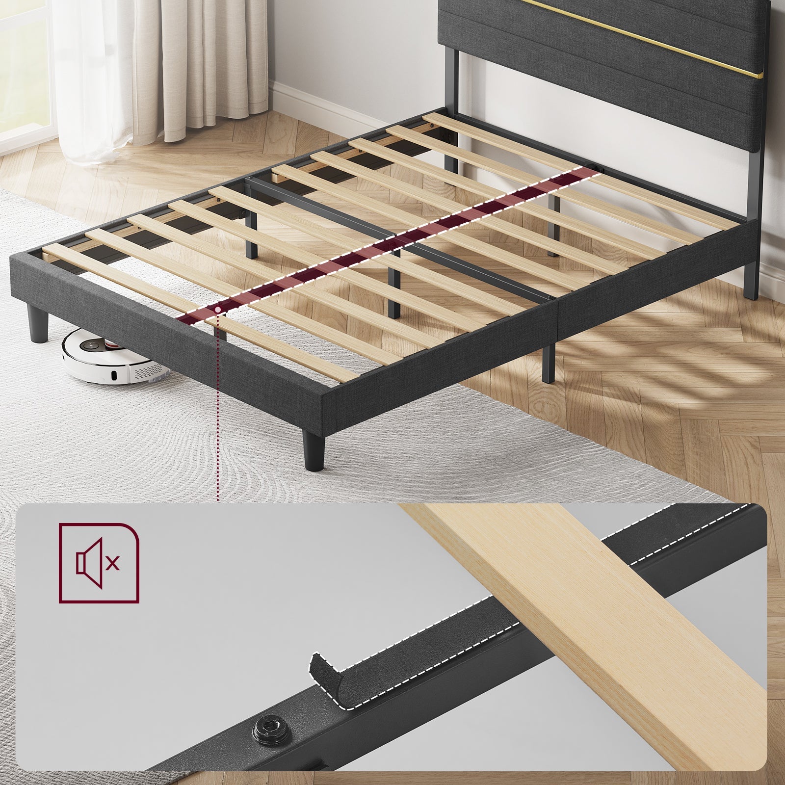 Lit double VASAGLE, cadre de lit, convient pour un matelas de 140 x 200 cm, tête de lit rembourrée réglable, en métal et bois massif, style moderne, gris ardoise ZenPur