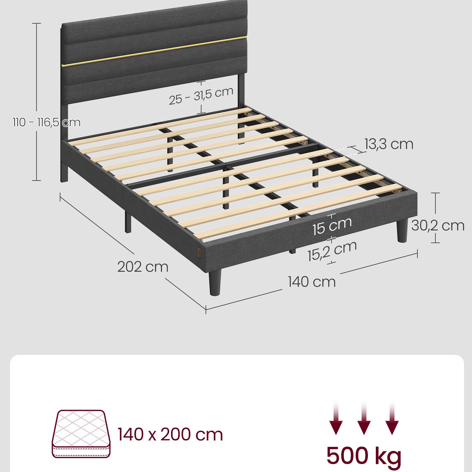 Lit double VASAGLE, cadre de lit, convient pour un matelas de 140 x 200 cm, tête de lit rembourrée réglable, en métal et bois massif, style moderne, gris ardoise ZenPur