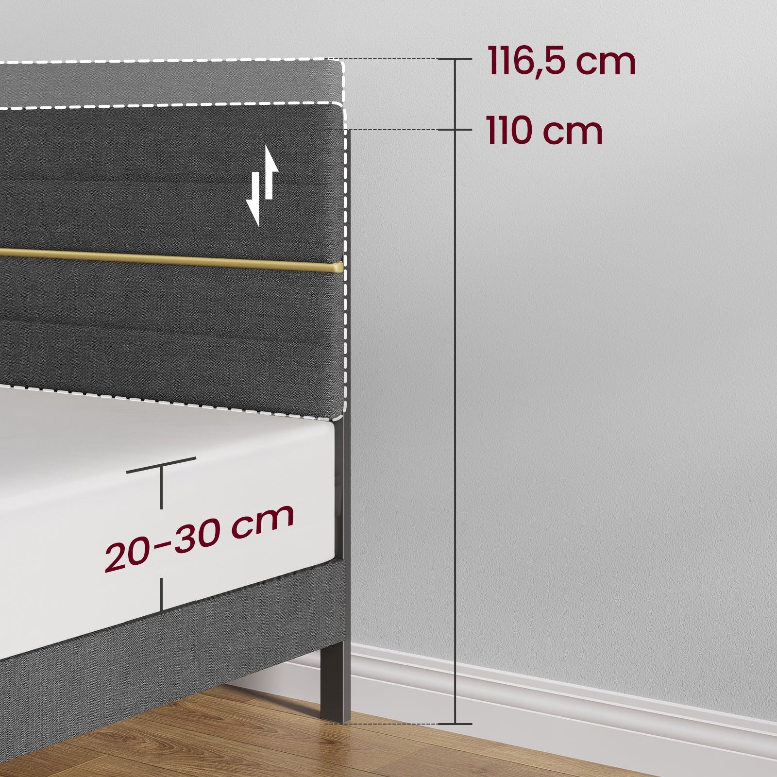 Lit double VASAGLE, cadre de lit, convient pour un matelas de 140 x 200 cm, tête de lit rembourrée réglable, en métal et bois massif, style moderne, gris ardoise ZenPur