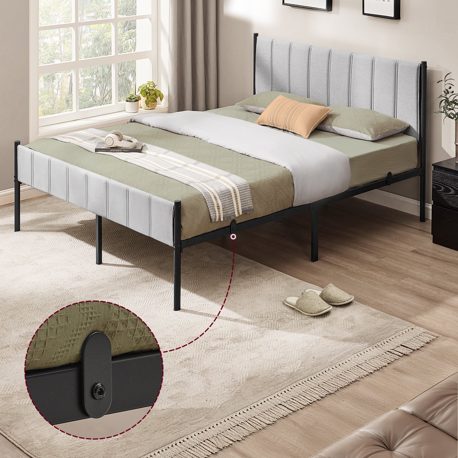 Cadre de lit double VASAGLE 160 x 200 cm avec tête de lit rembourrée, sommier à lattes en acier, supporte jusqu'à 500 kg, montage facile ZenPur
