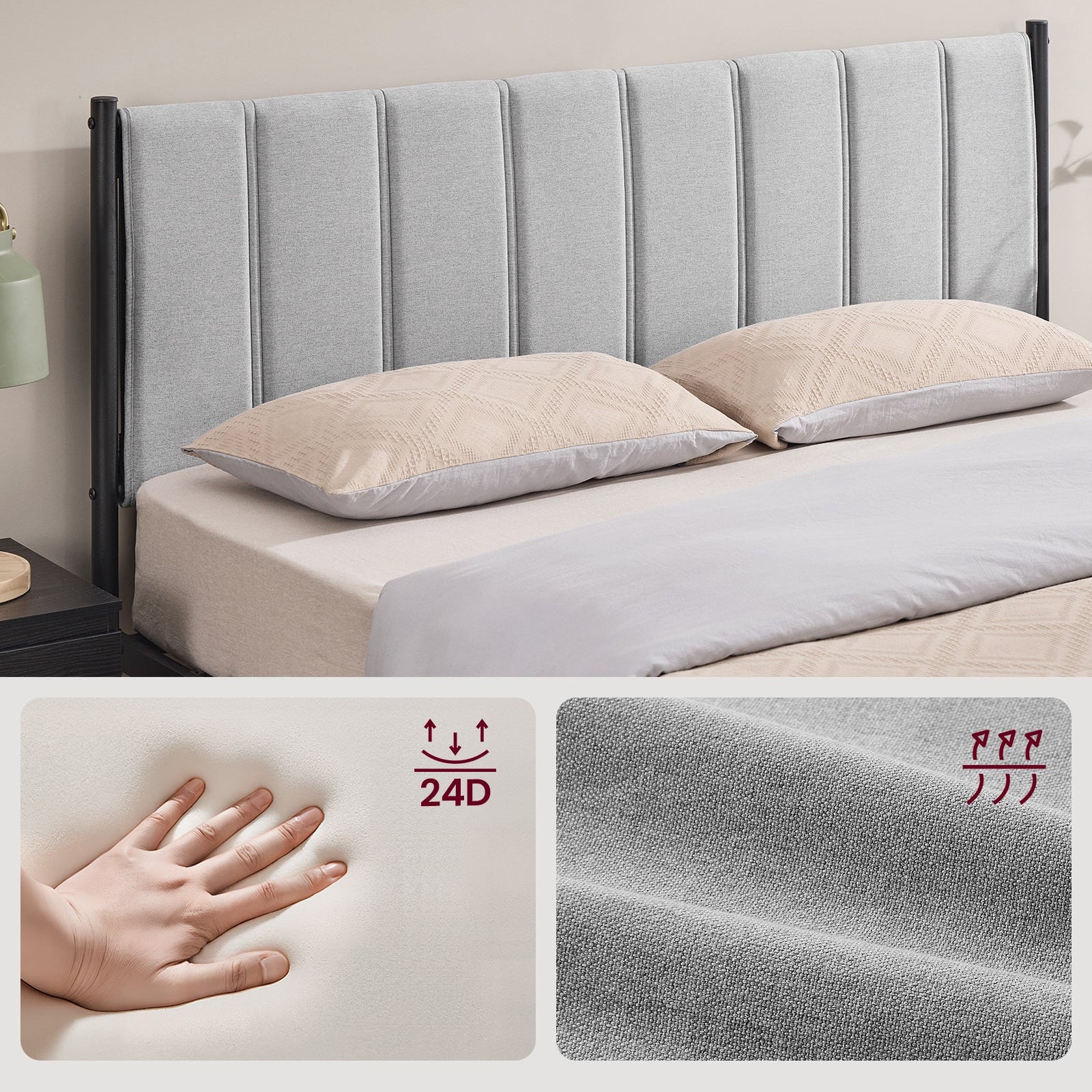 Cadre de lit double VASAGLE 160 x 200 cm avec tête de lit rembourrée, sommier à lattes en acier, supporte jusqu'à 500 kg, montage facile ZenPur