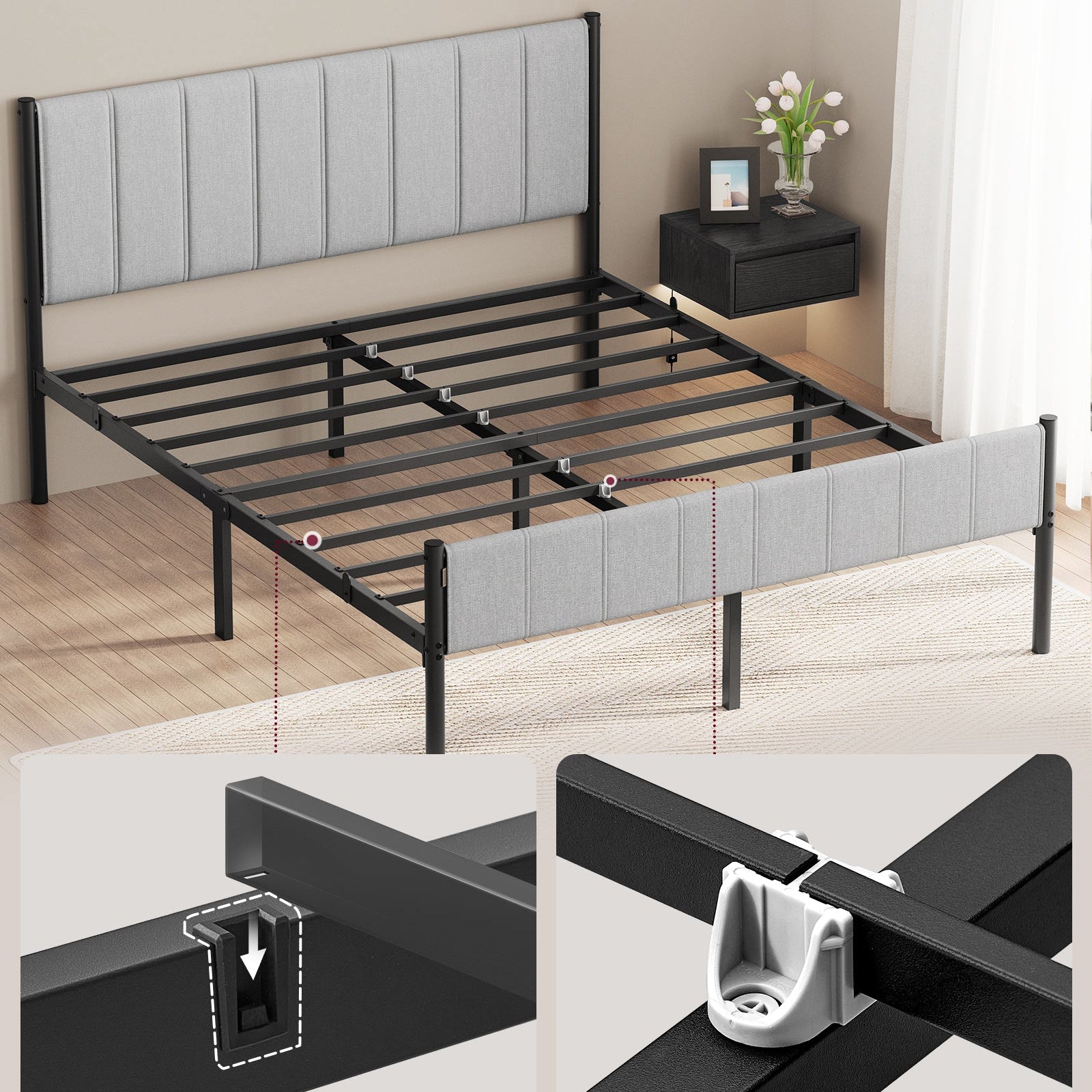 Cadre de lit double VASAGLE 160 x 200 cm avec tête de lit rembourrée, sommier à lattes en acier, supporte jusqu'à 500 kg, montage facile ZenPur