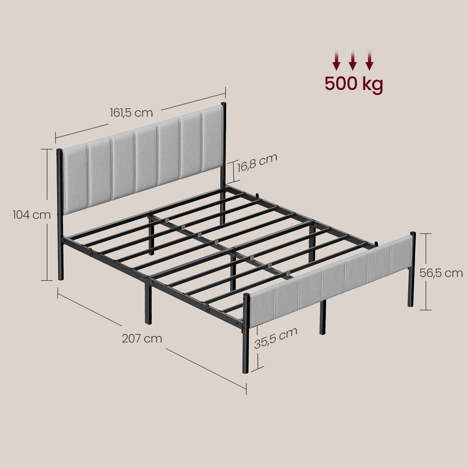 Cadre de lit double VASAGLE 160 x 200 cm avec tête de lit rembourrée, sommier à lattes en acier, supporte jusqu'à 500 kg, montage facile ZenPur