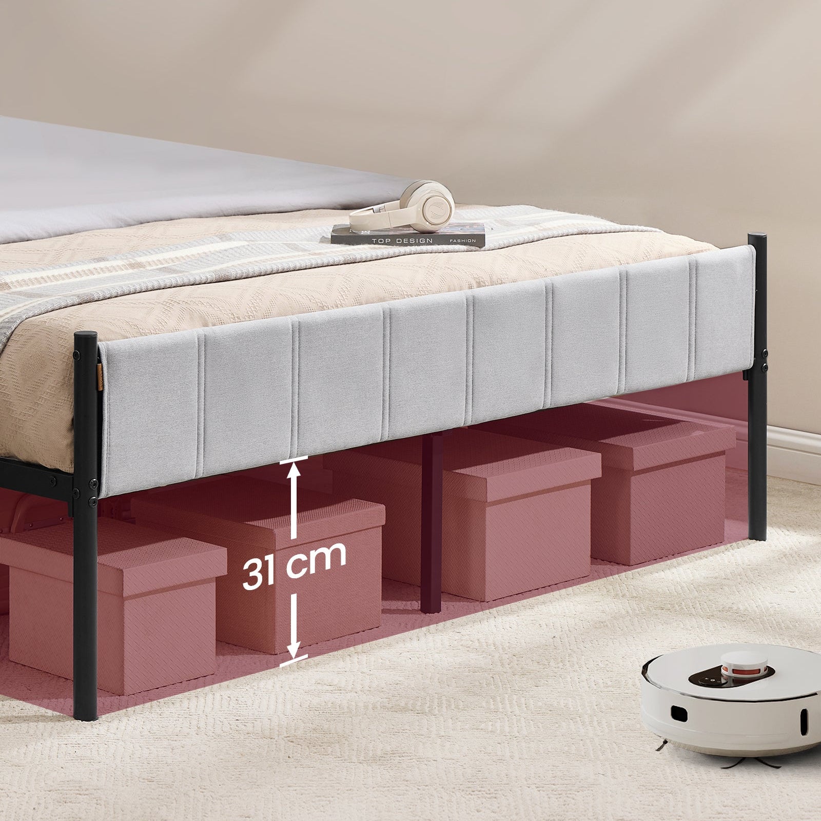 Cadre de lit double VASAGLE 160 x 200 cm avec tête de lit rembourrée, sommier à lattes en acier, supporte jusqu'à 500 kg, montage facile ZenPur