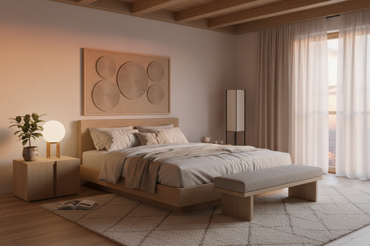 A beautiful, minimalist "Japandi" or "Zen" style bedroom. The lighting is soft and warm (evening). The Zenpur bed is the centerpiece, looking pristine and inviting. There are no screens (no TV, no phone) visible, only perhaps a small plant or a book.